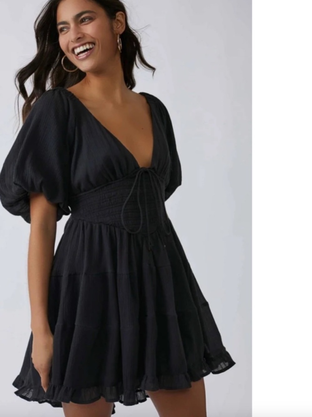 NEW FREE PEOPLE Washed Black PERFECT DAY Cotton Gauze TIERED Tie Mini DRESS XS - Picture 2 of 16